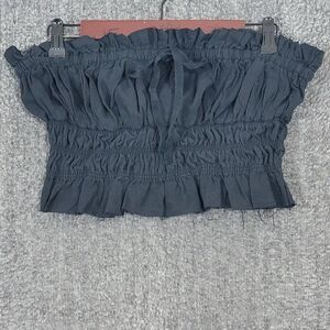 Free People Tube Top Womens S Black Smocked Crop Sleeveless Ruffles Raw Edges
